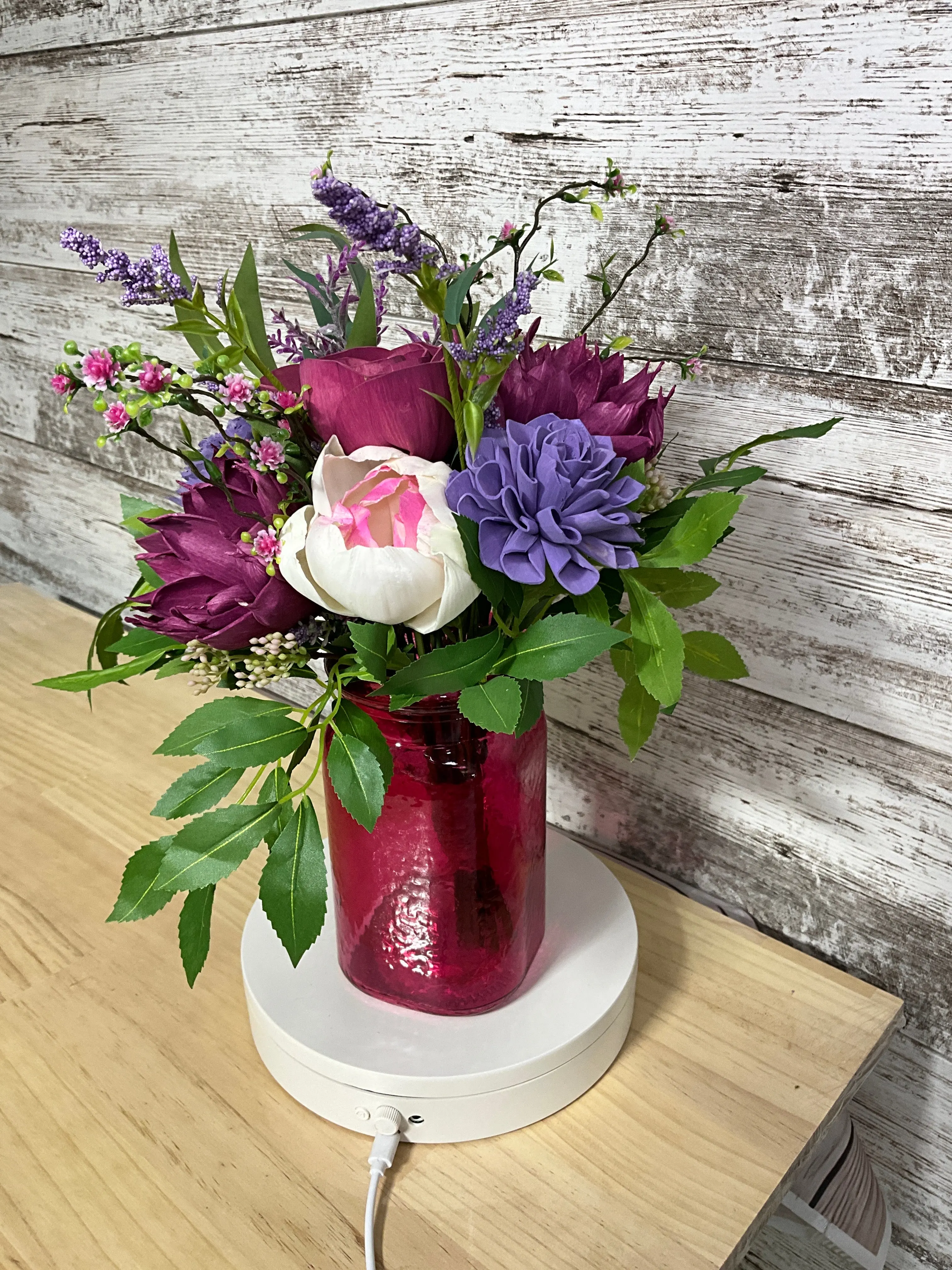 Berry Bliss Sola Wood Flower Arrangement in Red Glass Vase