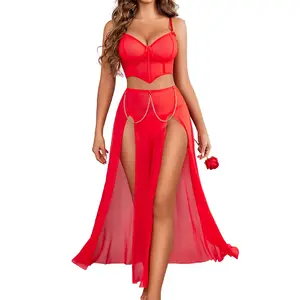 Avidlove Women's Lingerie Set - 3 Piece Mesh Crop Top, Split Skirt & Thong - Adjustable Shoulder Strap, Elastic Waistband - Perfect for Bridal Shower, Prom & Homecoming