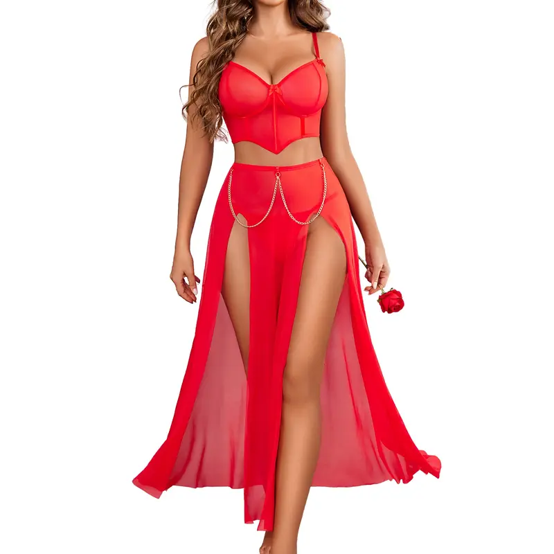 Avidlove Women's Lingerie Set - 3 Piece Mesh Crop Top, Split Skirt & Thong - Adjustable Shoulder Strap, Elastic Waistband - Perfect for Bridal Shower, Prom & Homecoming