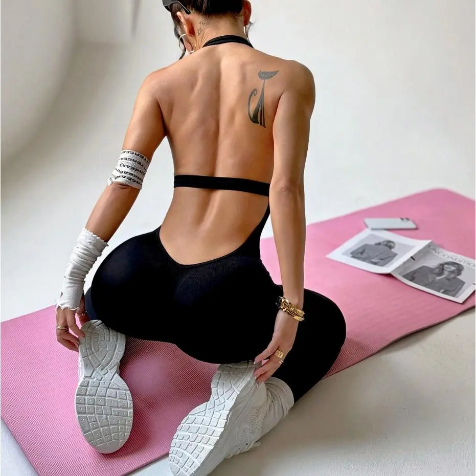 Sexy Women's Seamless Halter-Neck Backless High-Stretch Quick-Drying Athletic Fitness Fashion Yoga Jumpsuit for Workout double  lining  bodysuit