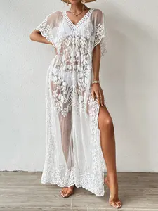 Women's Plants Embroidery Sheer Split Thigh Swimsuit Cover Up Dress, Boho V Neck Batwing Sleeve Cover Up for Beach Holiday Vacation, Ladies Swimwear for All Seasons, Beach Cover Ups, Swimwear Coverups