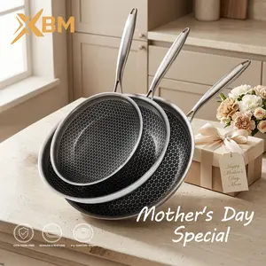XBM Professional Hybrid Nonstick Frying Pan,Mother's Day gifts, Rivetless Easy-Clean Interior, Healthy 100% PTFE/PFOA Free Ceramic Honeycomb Skillet, Tri-Ply Stainless Steel, Induction Ready - Multiple Sizes Cookware Metal Handles Lid Oven