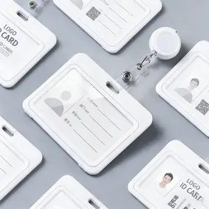 3 Pack Work Badge Holder with Retractable Reel Durable ID Badge Holder for Office School Horizontal Hard Plastic Card Case with Double Sided Windows White