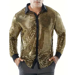 Men'S Long Sleeve Sequin Shirt, Casual Polyester 100% V-Neck Performance Top, 70s Disco Party Style, Non-Stretch Woven Fabric, Regular Fit - Solid Color