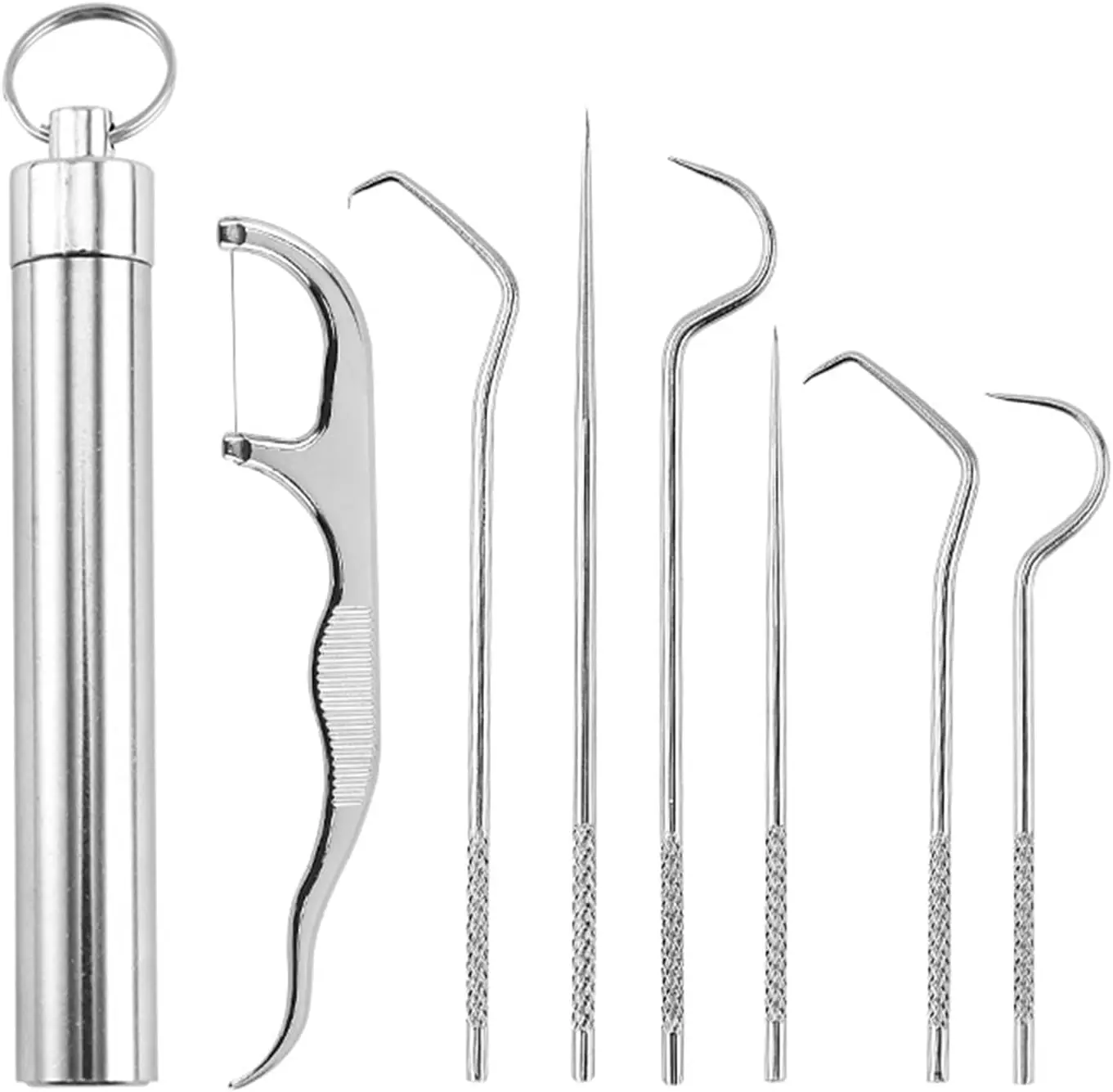 Dental Teeth Pick 7 Pack Stainless Steel Toothpick Kit Dental Tools Tooth Stains Remover Dental Floss Ficks Teeth Cleaning Tools with Holder for for Outdoor Picnic, Camping, Travel