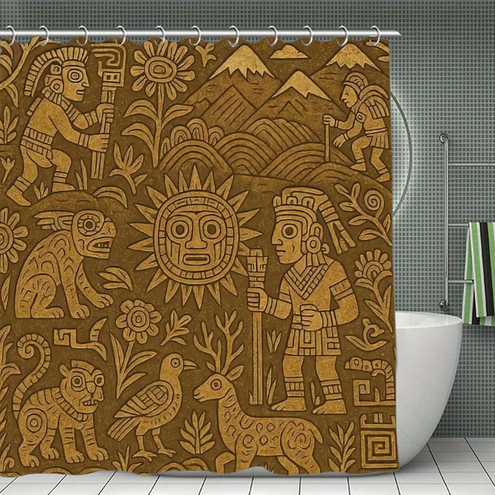 Ancient Aztec Tribal Relief Mural Print Waterproof Shower Curtain with Stainless-Steel & Plastic Hooks, Pre-Hispanic Art Bathtub Bathroom Decor