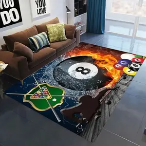 2D Billiards 8 Ball Flannel Area Rug - Fire & Water Pool Table Print Soft Mat for Game Room & Living Room, Non-Slip Sports Decor Rug #BilliardsRug #8BallPoolMat #GameRoomDecor #FireWaterCarpet #NonSlipFlannelRug