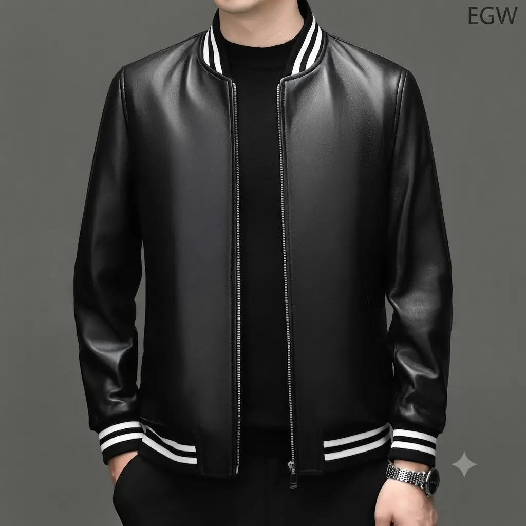 EGW Men's Genuine Leather Bomber Jacket - Spring Autumn Baseball Collar Slim Fit Casual Motorcycle Coat with Zipper Leather Black Jacket White Tights