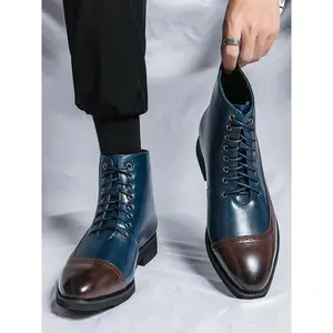 Men's Fashion Colorblock Patchwork Lace Up Boots, Casual Comfortable Pointed Toe Boots for Daily Wear, Fashion Shoes for Party, Daily Clothing Decor