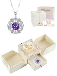 Amethyst Flower Cluster Diamond NecklaceOriginal Sparkling Amethyst Gem Necklace with Preserved Rose Gift Box, Ideal Gift for Wife & Daughter, Perfect for Birthdays, Valentine's Day and Mother's Day
