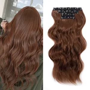 #Summervibes Qbeauty Women's Ginger Brown Clip-in Synthetic Hair Extensions, 4PCS Long Wavy Thick Double Weft Natural Hairpieces, Synthetic Hair Wigs for Women