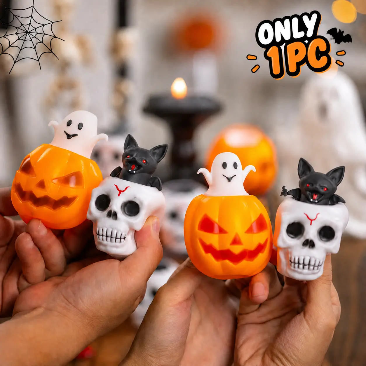 Halloween Pop-Out Surprise Squishies - Soft TPR Plastic Unisex Fidget Toy for Ages 14+, Pumpkin Skull Ghost Bat Designs, Stress Relief Sensory Item, Spooky Party Gift, Halloween Squishies