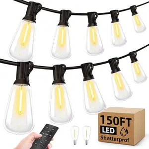 Outdoor String Led Patio Lights - 150Ft 45M Outside  Light With Remote Dimmable ST38 Shatterproof Bulb Connectable  Outdoor Electric Lighting For Backyard Yard Gazebo Porch Party