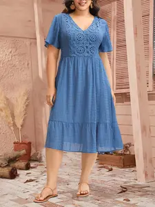 Plus Size Lace Textured Layered Short Sleeve Pocket Midi Dress Casual Womenswear Vneck Blue Minimalist Basic