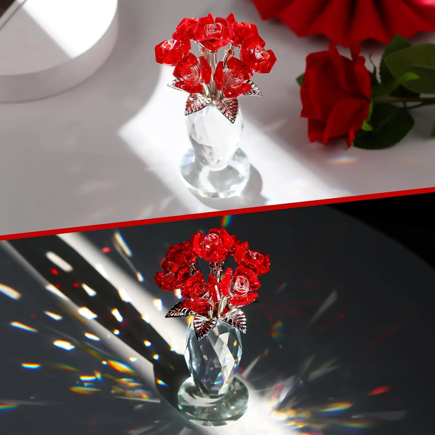 Rose Bouquet Crystal Gift for Her - Anniversary Valentines New Year Present, Premium Home Decor