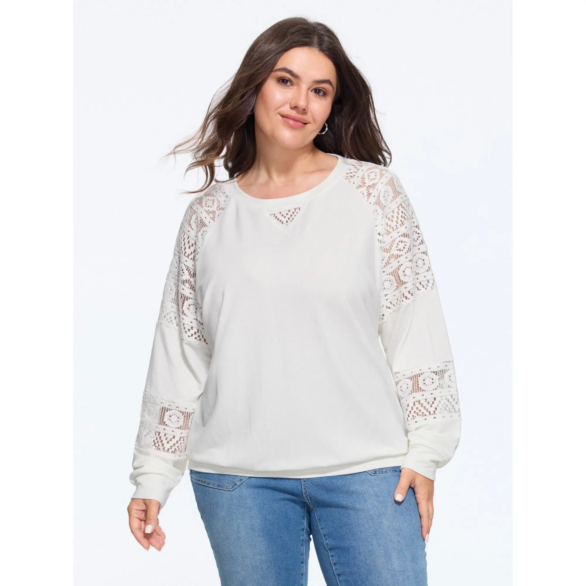 BLOOMCHIC Women's Plus Size Solid Sheer Lace Patchwork Crew Neck Cotton Sweatshirt - Casual Fit Fabric Garment, Size M-6X Summerfinds, Long Sleeve, Round Neck