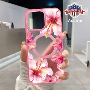 Clear Phone Case for iPhone 16 15 14 Pro Max 13 12 11 XR XS Plus E Hibiscus Harmony Pattern Magnetic Sunction Candy Color Acrylic Back Soft Edge Cover