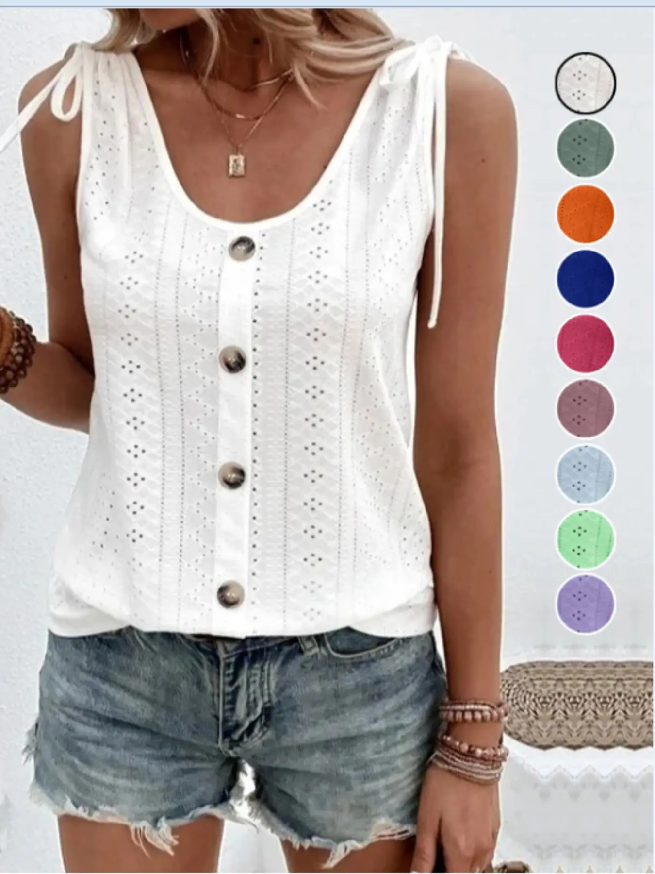 Women's Hollow Out Casual Chic Sleeveless Button Top, Breathable Summer Lightweight Tank Top, Minimalist Loose Fit, Perfect for Daily Wear
