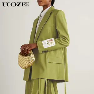 UOOZEE Women's 2025 Trendy Stylish Green Blazer Jacket, New Fashion Spring Autumn Winter Loose Clothing Luxury Blazers, Streamer Floral Embroidered Long Sleeves Lapel Blazer(Women with Broad Shoulders Can Order One Size Larger)