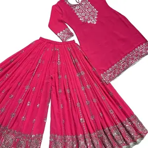 Party Wear Plazo Suit with Heavy Embroidery Sequence Work in Faux Georgette Fabric - Formal Style, Pink Color - Dress