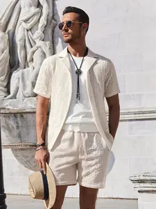 Men's Beige 2-Piece Casual Set, Outfit - Short-Sleeve Blazer-Style Shirt (All-Over Laser Cutout Pattern) + Matching Drawstring Shorts, Breathable Hollow-Out Fabric, Relaxed Fit, Versatile for Summer Outdoor Weddings, Café Dates & Urban Casual Wear