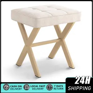 Square Linen Makeup Stool, Metal X Legs, Small Ottoman Stool Chair for Vanity, Modern Padded Seat Foot Rest for Makeup Room, Bathroom Small Ottoman Foot Rest, Mid-Century Modern X Square Polyester Foot Stool