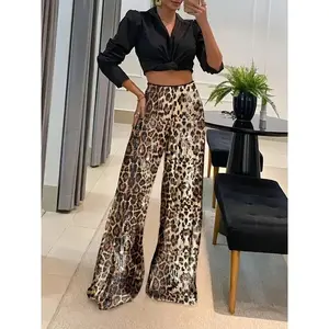 Leopard Print Sequin Wide-Leg Pants for Women - Stretchy Polyester Blend, Machine Washable - Perfect for Spring/Fall Parties Can be used with raincoat