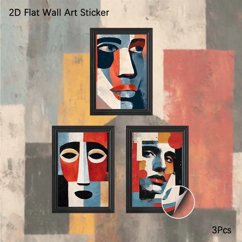 2D Flat Wall Art, 3Pcs PVC Self-Adhesive Framed Wallpaper Sticker, Modern Abstract Color Block Portrait Illustration Wall Decals, Aesthetic Contemporary Geometric Face Art Wall Decor for Living Room, Bedroom, Office, Perfect Gift for Art Lovers