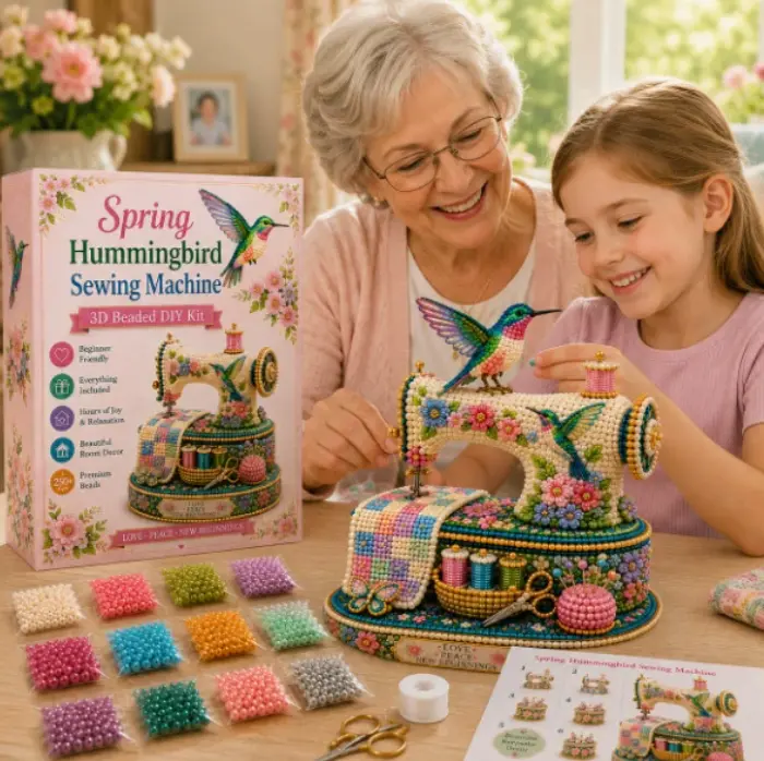 Spring Hummingbird Sewing Machine Beading Craft Kit (with Instructions) 3D Beading Kit Handmade Beading Art Kit Suitable for Adults and Beginners