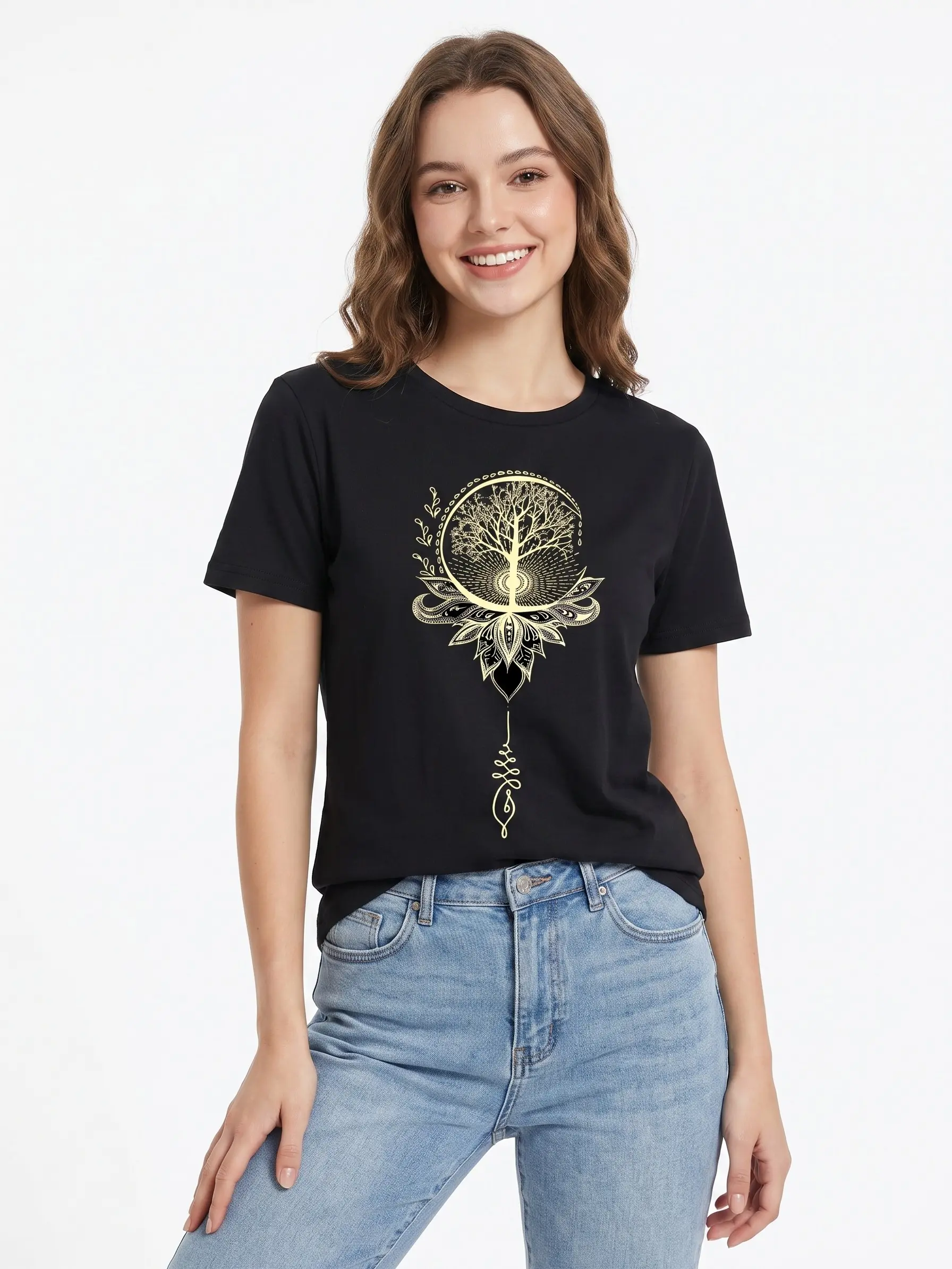 Boho Lotus Mandala Graphic T-shirt for Women, a Casual Short Sleeve Summer Style in 100% Cotton Knit Fabric Black Tshirt, Tops, Shortsleeve, Breathable, Chic, Elegant, Soft, Comfortable, Print
