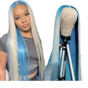 26 inches, design  Brazilian Highlight BLonde Blue  Colored 13x4 Lace Front Human Hair Wig Straight