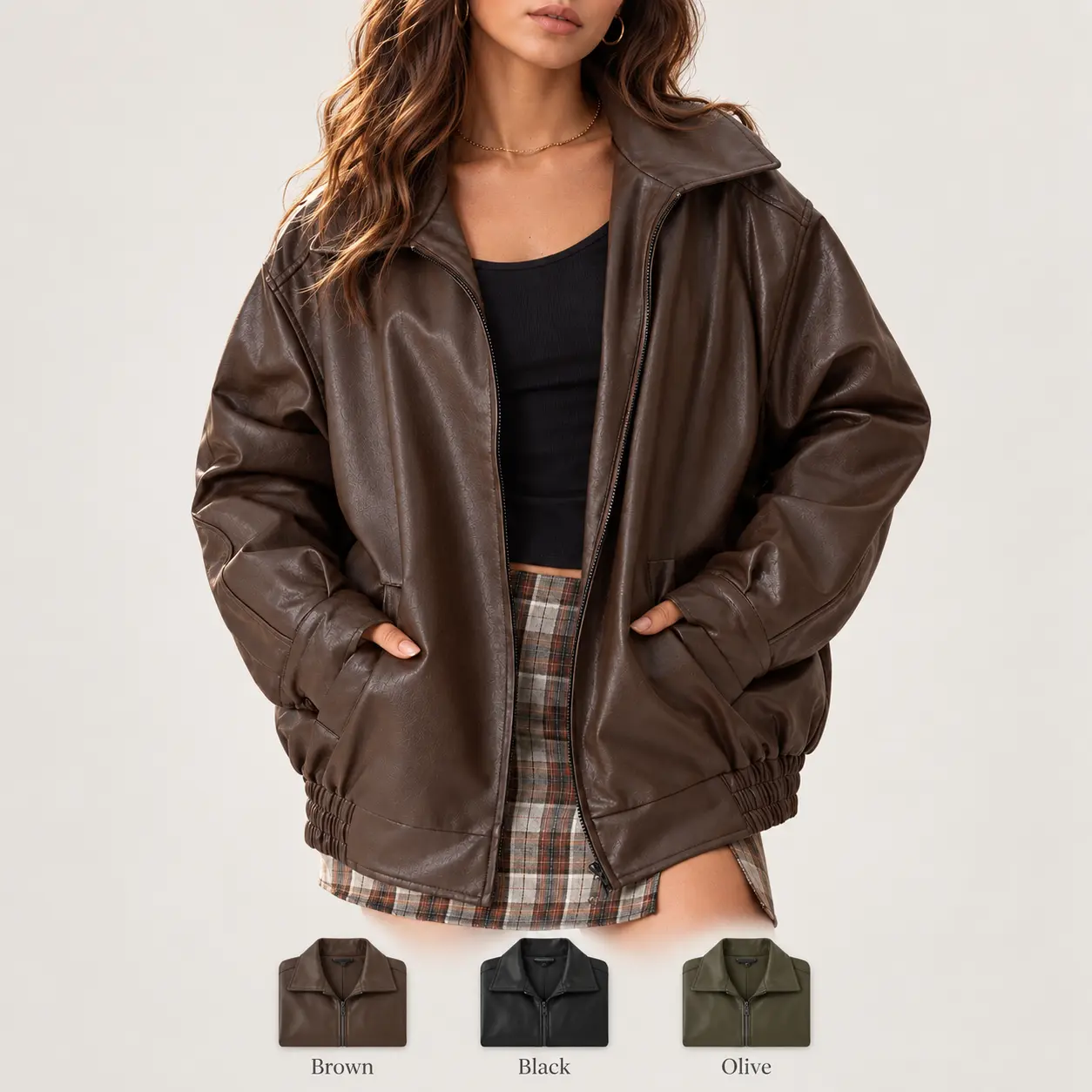 Women’s Oversized Loose Cut Faux Leather Moto Biker Bomber Jacket - Zip-Up Front, Long Sleeves, Pockets, Casual Fall Winter Streetwear Outerwear