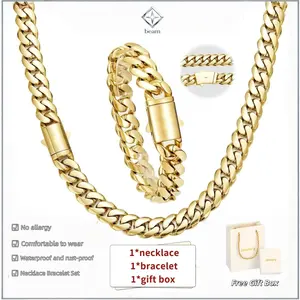 【Set】14K gold-plated Cuban Necklace Bracelet Set | The latest electroplating gold-plating process for rust prevention| Miami hip-hop style fashion items| The best gift for men and women| Couples' style| 6mm/8mm/10mm/12mm/14mm.