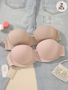 2PCS Women's Strapless Push-Up Bra , Medium Underwire Support Anti‑sagging, Seamless Padding T-shirt Bra, Adjustable Straps, Invisible Comfort, Daily Wear