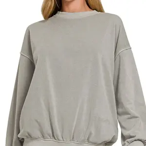 Pigment Dyed Fleece Sweatshirt - Oversized Round Neck Pullover for Women Soft Grey Long Sleeve Top