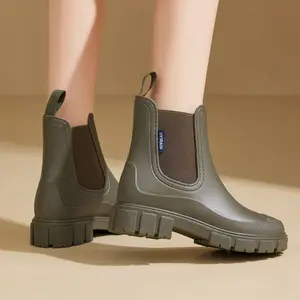 Onyx Women's Stylish Rain Boots - Mid-Calf Thick Sole, Non-Slip PVC Outer, Dark Green with Brown Accents, Beige Rubber Walking Shoes Insole Footwear
