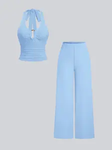 Summer Women's Fashion Womenswear Halter-Neck Ruffle-Clasp Adjustable Breathable Bandeau Top & Wide-Leg Palazzo Pant Coordinated Set