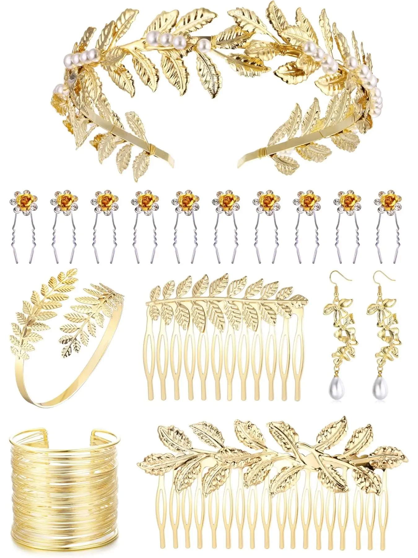 17 Pcs Greek Goddess Costume Accessories Women Toga Costume Golden Leaves Crown Headband Coil Bracelet Hair Comb Earrings Goddess Headpiece for Women Wedding Party