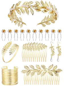 17 Pcs Elegant Jewelry Set Greek Goddess Costume Accessories Women Toga Costume Golden Leaves Crown Headband Coil Bracelet Hair Comb Earrings Goddess Headpiece for Women Wedding Party
