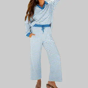 Dear-Lover Women's 2-Piece Khaki Striped Collared Long-Sleeve Drop-Shoulder Comfortable Loose Casual Pullover Top & Adjustable Drawstring-Waist Pants Outfits, Plus Size 2025 Fall Clothes (S-4X)