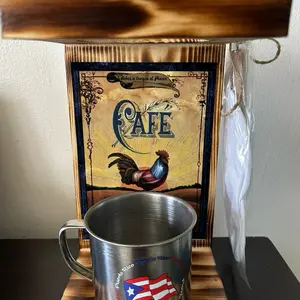Puerto Rican Rustic Coffee Maker with strainer and stainless steel mug.   Cafetera artesanal en madera sólida . Incluye taza en metal y colador.