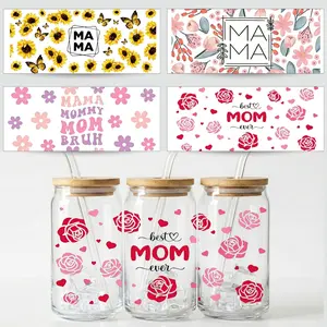 4pcs/set Mother's Day UV DTF Cup Wraps Bundle, 16oz Libbey Glass Can Decals, Waterproof Rub-On Transfer Decorative Stickers, Best Mom & Floral Mama Theme