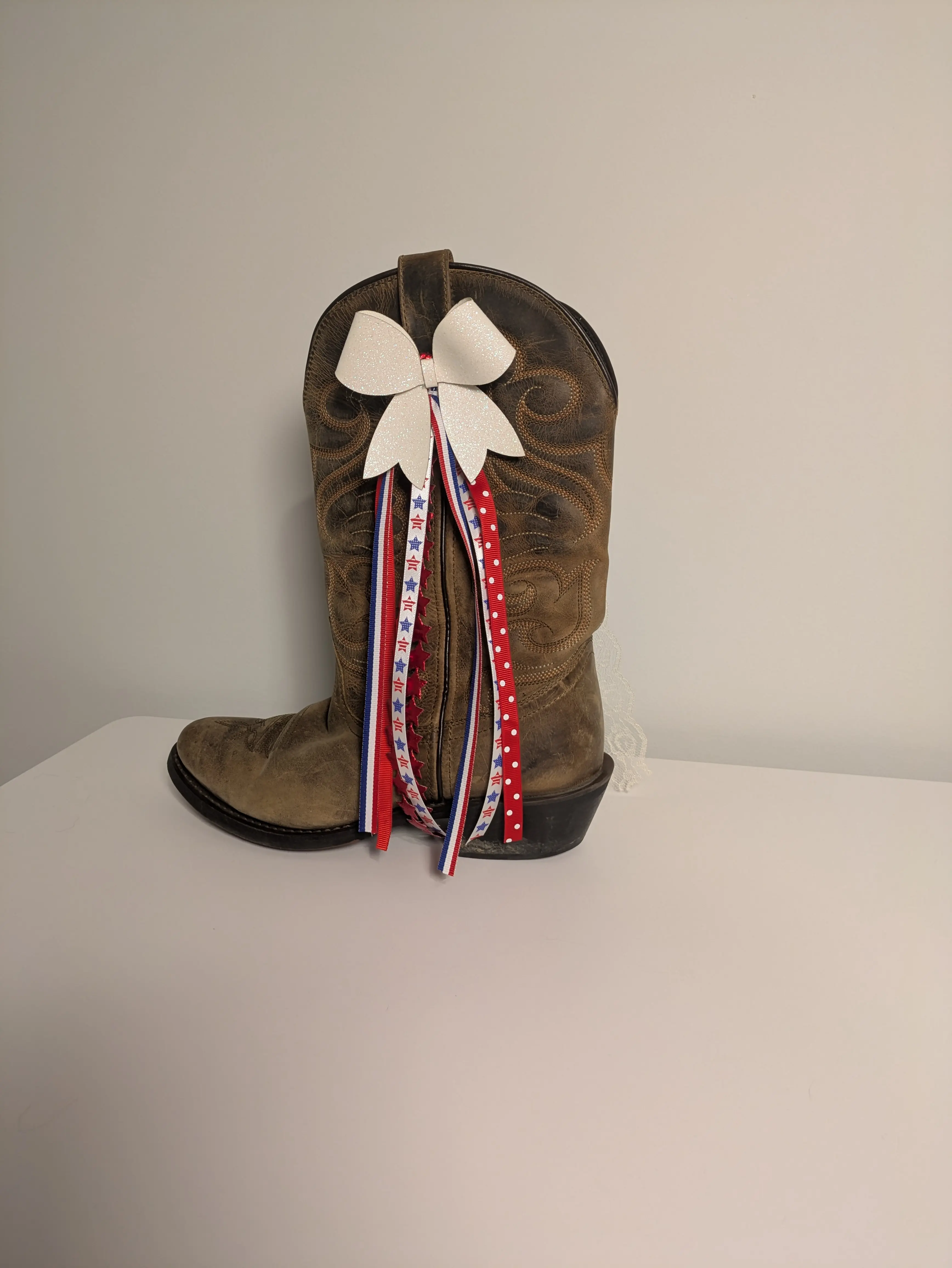 Boot Bow with Leather White Sparkly Bow  - Red, White and Blue - Set of 2