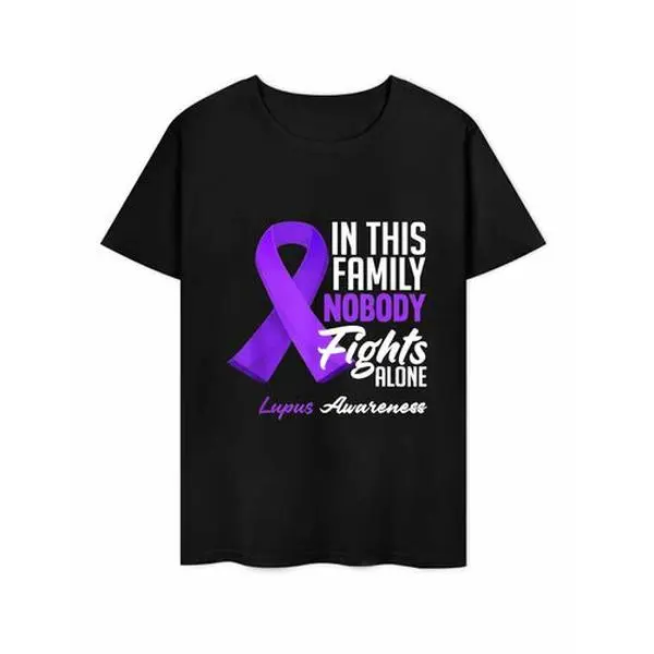 In This Family Nobody Fights Alone Lupus Awareness T-Shirt, Purple Ribbon Support Graphic Tee, Inspirational Family Support Shirt, Casual Short Sleeve Top, Gift for Men & Women