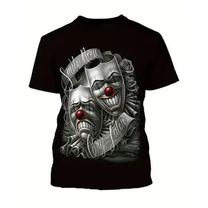 Men's Breathable 100% Cotton T-Shirt with Joker Mask Graphic - Crew Neck, Short Sleeve, Regular Fit, All-Season Casual Wear - Ideal for Valentine's Day, New Year's Day, Father’s Day, Christmas