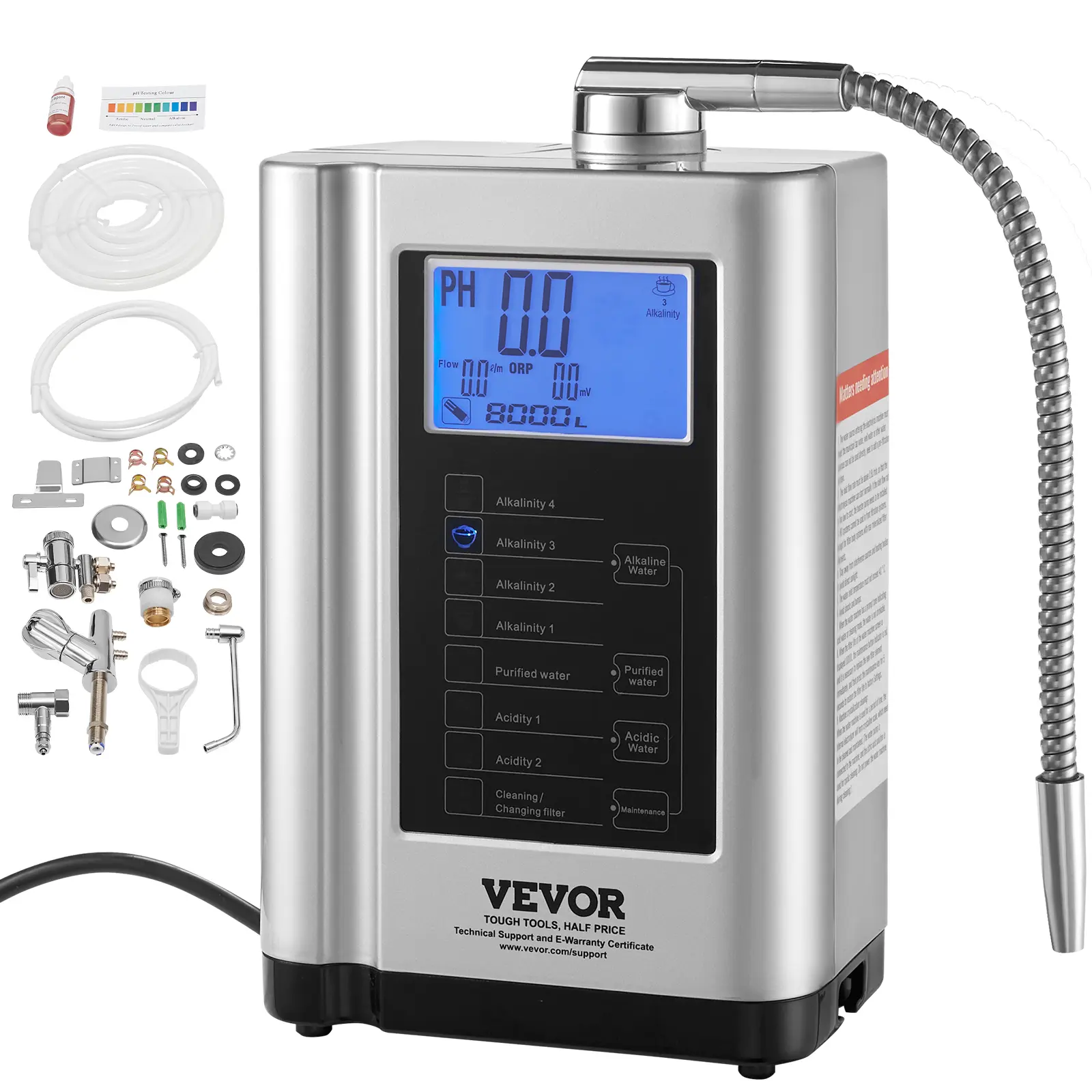VEVOR Countertop/Wall Alkaline Water Ionizer Machine, Electrolysis System with pH 3.5-10.5 Acidic Hydrogen Purifier, 7-Setting Home Filtration, Up to -650mV ORP, 8000L Per Filter, Auto-Cleaning White Unit for Home Cooking