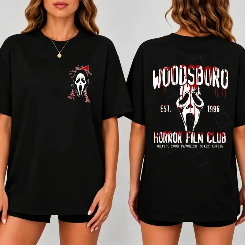 Scream Film 2-Sided T-shirt, Ghost Face Front and Back Shirt Design, Woodsboro Horror Film Club T-shirt, Halloween T-shirt