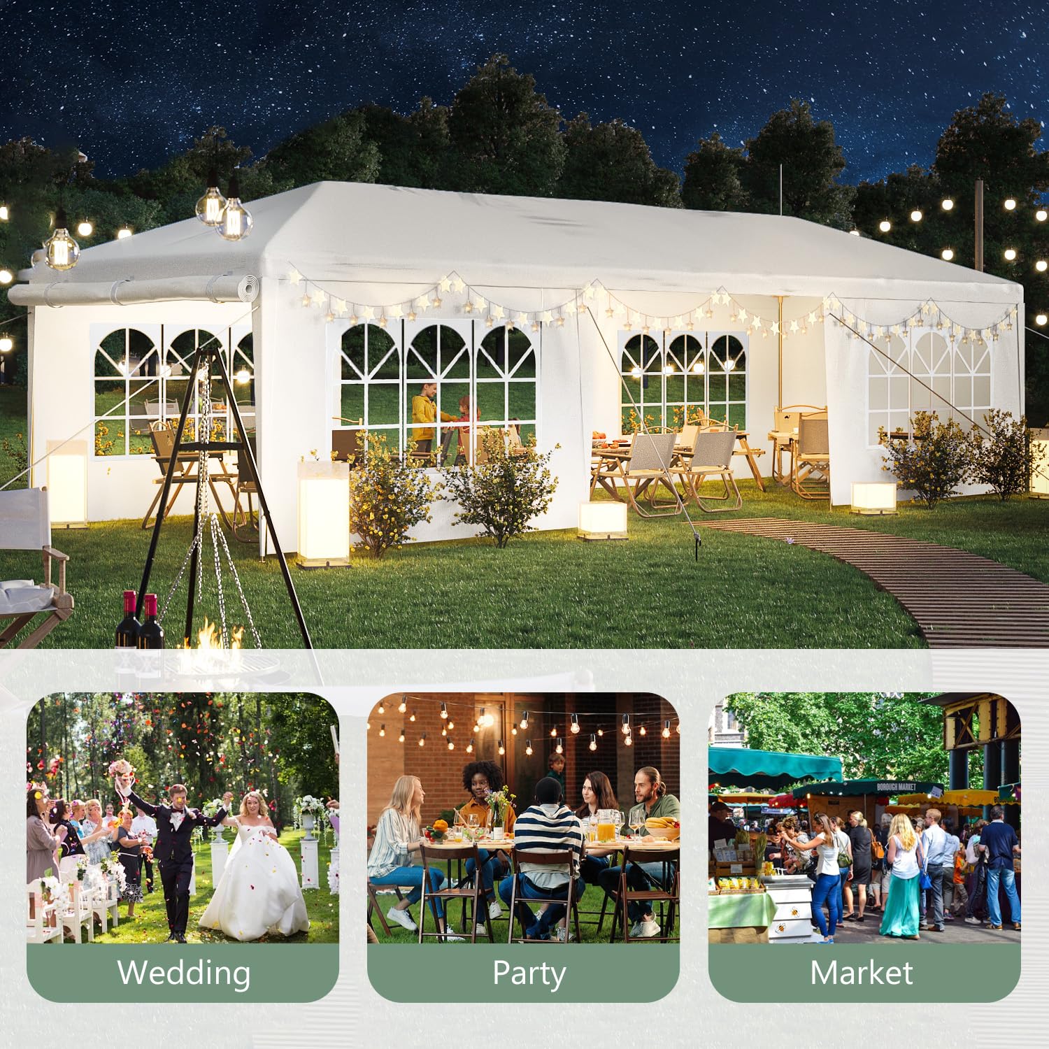 10x30 Party Tent with Removable Sidewalls for Outdoor Events | Waterproof PE Canopy with Mesh Windows, 2 Zippered Doors, Rust-Resistant White Steel Frame for Weddings, Parties & BBQs  10'x30' Outdoor Party Tent with 8 Removable Sidewalls