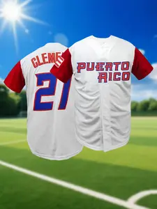 Men's Puerto Rico 21 Stitched Baseball Jersey, Casual Short Sleeve V Neck Embroidered Breathable Baseball Shirt, Button Front Sportswear, Unisex, All Seasons, Sports Top