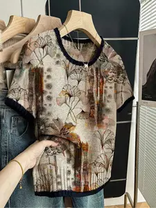 Floral Print Round Neck Sweater, Casual Short Sleeve Knitwear for Spring Summer Fall, Comfortable Warm Women's Clothing